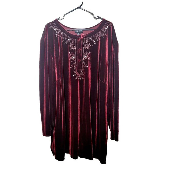 Maggie Barnes Blouse 2X 22/24 Velvet Embroidered Button Stretch Sequin Oxblood - Picture 1 of 12